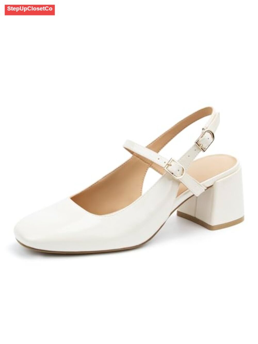 Women's Mary Jane Chunky Low Heel Pumps Square Toe Buckle Strap Faux Leather